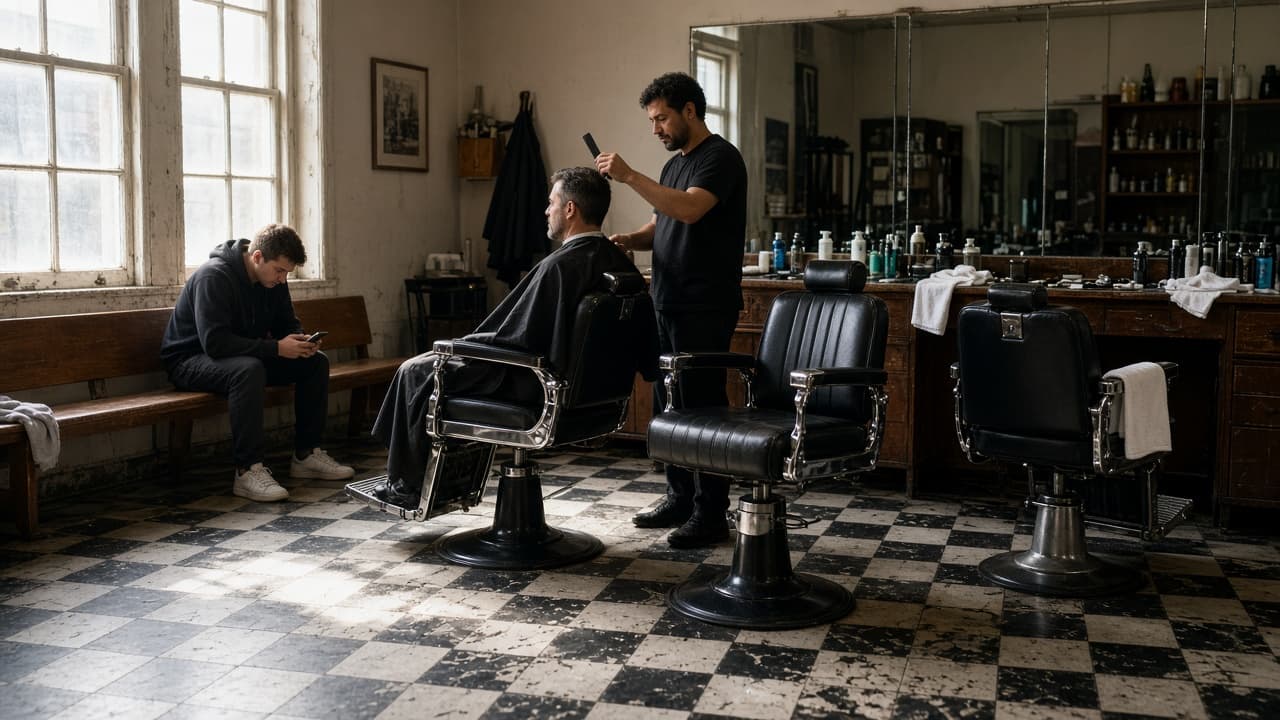 A real barbershop floor with chairs and someone waiting