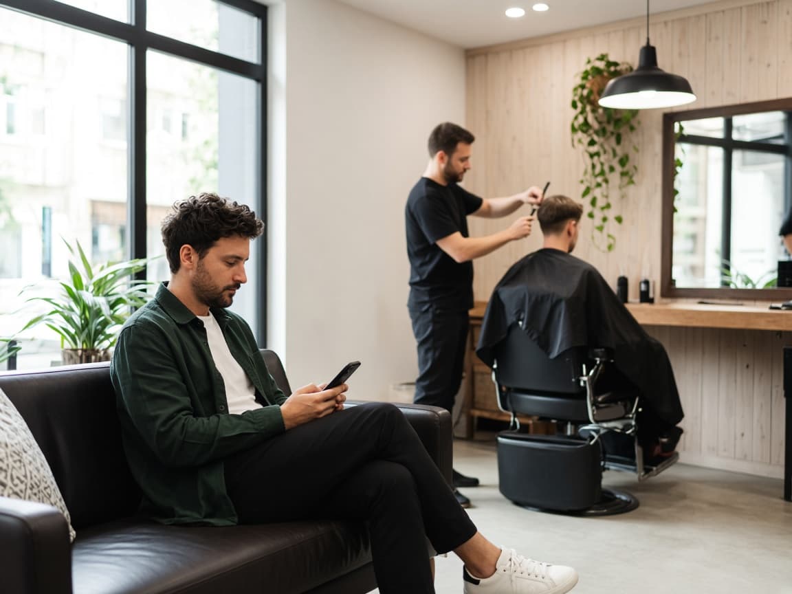 A client booking a salon appointment on their phone while a haircut continues