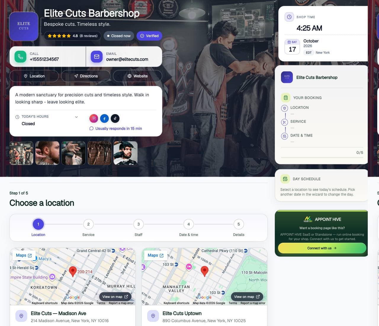 Elite Cuts public booking page on the hosted AppointHive app